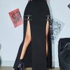 Women's Buckle Double Split Thigh High Punk Goth Maxi Skirt Y2K Clubwear
