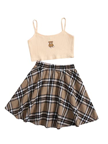 Girl's 2 Piece Outfits Cartoon Print Cami Top and Plaid Skater Skirt Set