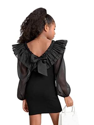 Girl's Mesh Ruffle Trim Layered Tie Back Lantern Sleeve Pencil Mini Dress