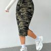 Women's Camo Print High Waist Skinny Midi Skirts Split Side Drawstring Waist Hip Skirt