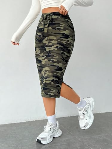 Women's Camo Print High Waist Skinny Midi Skirts Split Side Drawstring Waist Hip Skirt