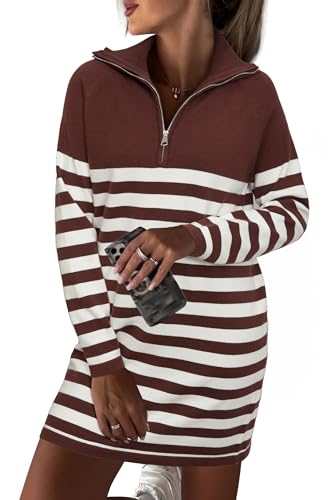 Women's Winter Sweater Dress 2024 Striped Long Sleeve Lapel Collar Chunky Knit Slouchy Oversized Sweaters