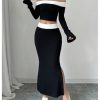 Women's 2 Piece Split Fishtail Skirt Set Monochrome Off Shoulder Top Outfit