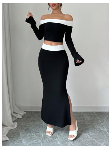Women's 2 Piece Split Fishtail Skirt Set Monochrome Off Shoulder Top Outfit