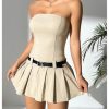 Women's Petite Strapless Belted Tube Dress Sleeveless Pleated A Line Mini Dresses