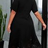 Women's Plus Size V Neck Scallop Trim Cut Out Short Sleeve A Line Swing Midi Dress