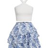 Girl's 2 Piece Summer Outfits Sets Floral Print Textured Ribbed Knit Halter Cami Top & Tiered Layer Skirt Sets