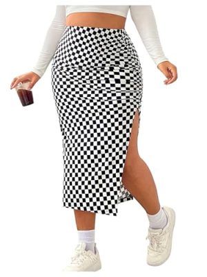 Women's Plus Size Checkered Split Thigh Midi Skirt Ruched High Waisted Bodycon Skirts