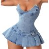 Women's Strapless Pleated Mini Denim Dress Party Club Corset Tube Dresses