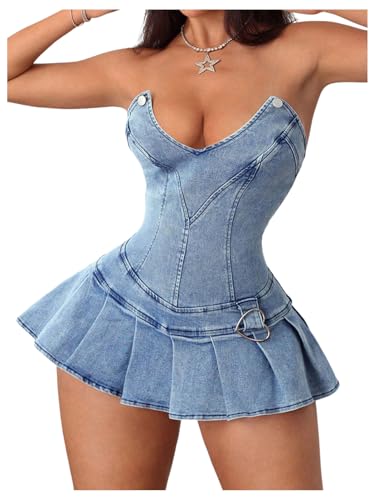 Women's Strapless Pleated Mini Denim Dress Party Club Corset Tube Dresses