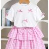 Girl's 2 Piece Bow Outfits Cute Short Sleeve T Shirts and Layered Ruffle Plaid Skirt Set