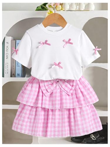 Girl's 2 Piece Bow Outfits Cute Short Sleeve T Shirts and Layered Ruffle Plaid Skirt Set