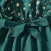 Girl's Flounce Sleeve Belted Gold Snowflake Party Swing A Line Dress