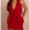 Women's Sexy Mesh Deep V Neck Ruffle Trim Halter Mini Dress 3D Flower Decor Sleeveless Cocktail Dress
