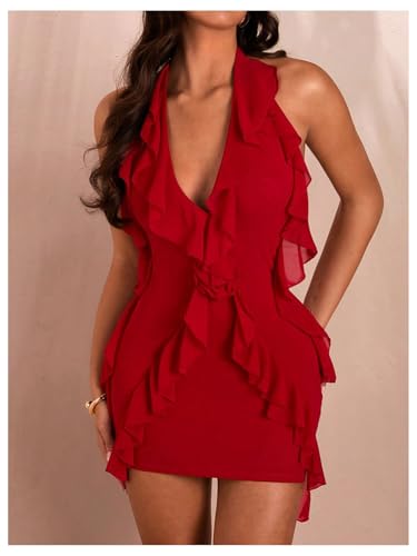 Women's Sexy Mesh Deep V Neck Ruffle Trim Halter Mini Dress 3D Flower Decor Sleeveless Cocktail Dress