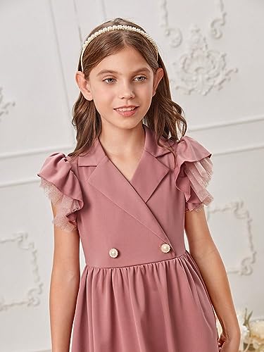 Girl's Ruffle Trim Layered Sleeve Lace Pleated Lapel Zipper Collar Button Front Casual Dress