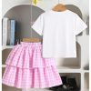 Girl's 2 Piece Bow Outfits Cute Short Sleeve T Shirts and Layered Ruffle Plaid Skirt Set