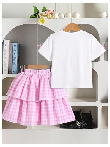 Girl's 2 Piece Bow Outfits Cute Short Sleeve T Shirts and Layered Ruffle Plaid Skirt Set