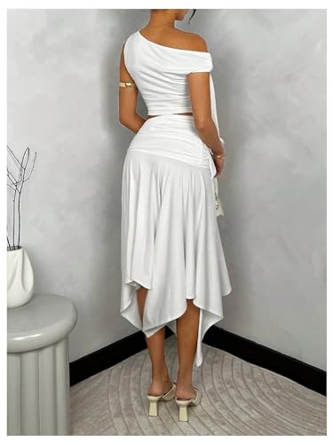 Women's 2 Piece Outfits Asymmetrical Neck Sleeveless Top and Split Thigh Ruffle Midi Skirt Set