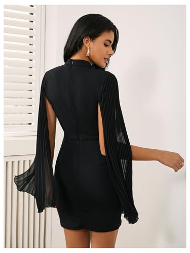 Women's Mock Neck Pleated Cloak Long Sleeve Split Hem Cocktail Bodycon Cape Dress