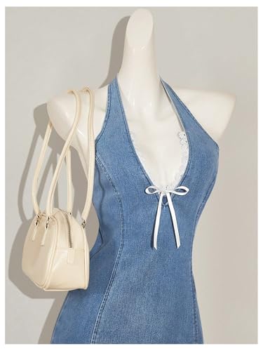 Women's Bow Halter Mini Jean Dress Lace Trim Sleeveless Backless Denim Dresses