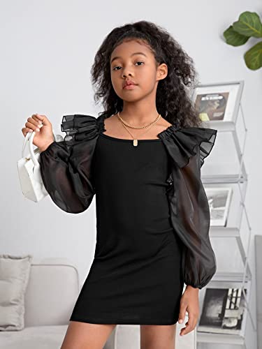 Girl's Mesh Ruffle Trim Layered Tie Back Lantern Sleeve Pencil Mini Dress