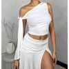 Women's 2 Piece Outfits Asymmetrical Neck Sleeveless Top and Split Thigh Ruffle Midi Skirt Set