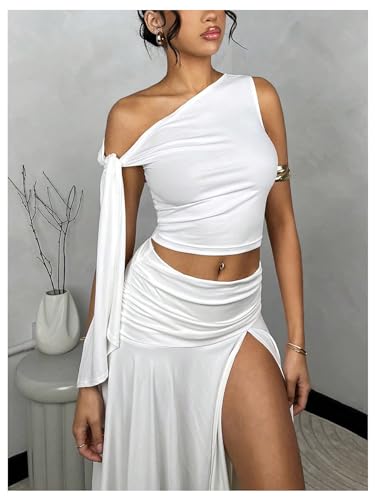 Women's 2 Piece Outfits Asymmetrical Neck Sleeveless Top and Split Thigh Ruffle Midi Skirt Set