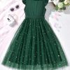 Girl's V Neck Ruffle Sleeve A Line Dress High Waist Mesh Tulle Dress