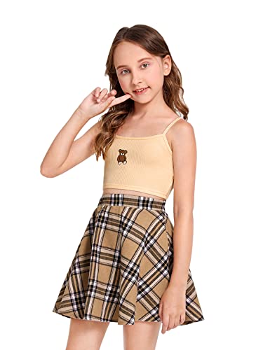 Girl's 2 Piece Outfits Cartoon Print Cami Top and Plaid Skater Skirt Set