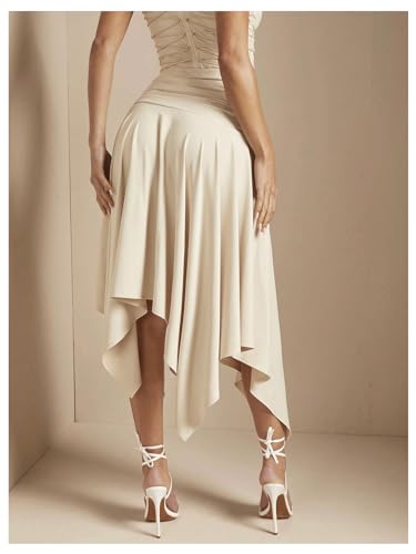 Women's Ruffle High Slit Asymmetrical Midi Skirt High Waisted Ruched A Line Skirt