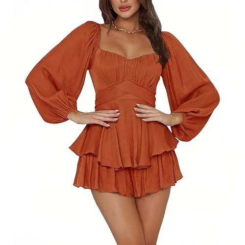 Women's Lantern Short Romper - Long Sleeve Ruffle Layer Mini Dress Waist Tie Jumpsuit