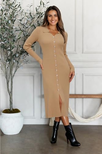Womens Sweater Dress Fall Teacher Oufits 2025 Long Sleeve Business Casual Bodycon Split Ribbed Knit Midi Dresses