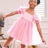 Girl's Mesh Short Puff Sleeve Square Neck High Waist Flared Hem Zipper A Line Dress