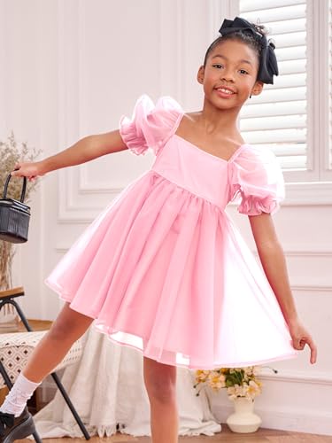 Girl's Mesh Short Puff Sleeve Square Neck High Waist Flared Hem Zipper A Line Dress