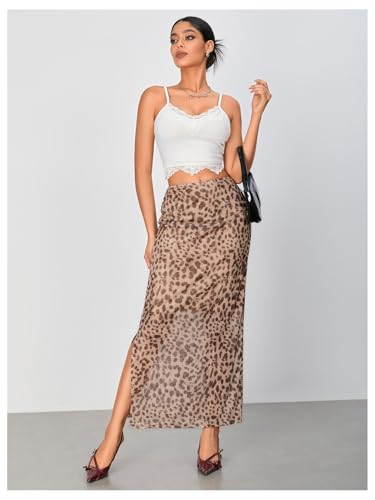 Women's Leopard Print Mesh Skirt Ruched Split Thigh Low Waist Maxi Skirts