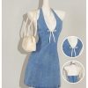 Women's Bow Halter Mini Jean Dress Lace Trim Sleeveless Backless Denim Dresses