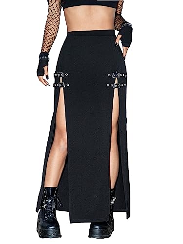 Women's Buckle Double Split Thigh High Punk Goth Maxi Skirt Y2K Clubwear