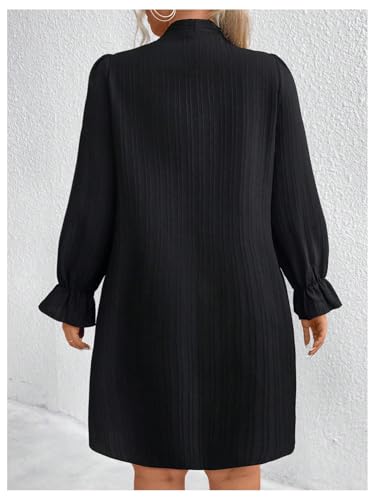Women's Plus Size Pearl Beaded Tie Neck Long Sleeve Casual Work Short Dress