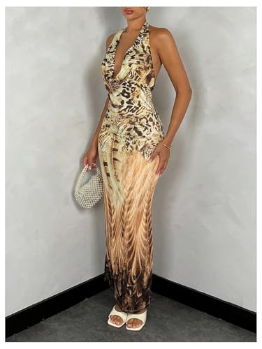 Women's Deep Cowl Neck Halter Dress Sleeveless Tie Backless Bodycon Animal Print Maxi Dress