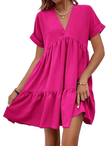 Women's Roll Up Short Sleeve V Neck Ruffle Hem Solid Swing Smock Dress