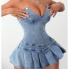 Women's Strapless Pleated Mini Denim Dress Party Club Corset Tube Dresses