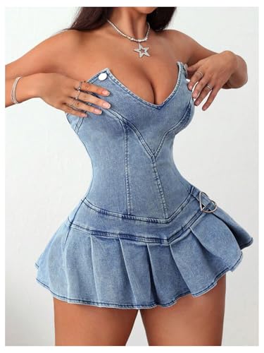Women's Strapless Pleated Mini Denim Dress Party Club Corset Tube Dresses