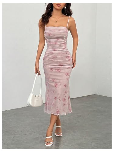 Women's Floral Print Ruched Sleeveless Cami Dress Fishtail Bodycon Midi Dress