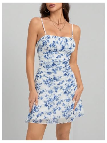 Women's Floral Ruched Cami Dress Boho Spaghetti Strap A Line Short Dresses