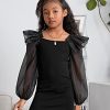Girl's Mesh Ruffle Trim Layered Tie Back Lantern Sleeve Pencil Mini Dress
