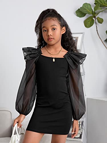 Girl's Mesh Ruffle Trim Layered Tie Back Lantern Sleeve Pencil Mini Dress