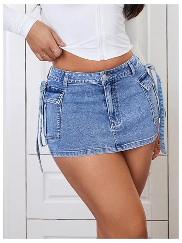 Women's Low Rise Button Stretch Y2k Bodycon Mini Denim Skirt with Pockets