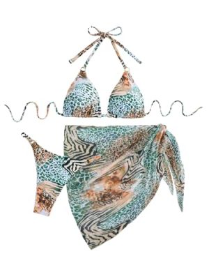Women's 3 Pieces Bikini Set Leopard Print Halter String Swimsuit with Cover Up Skirt