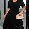Women's Plus Size V Neck Scallop Trim Cut Out Short Sleeve A Line Swing Midi Dress